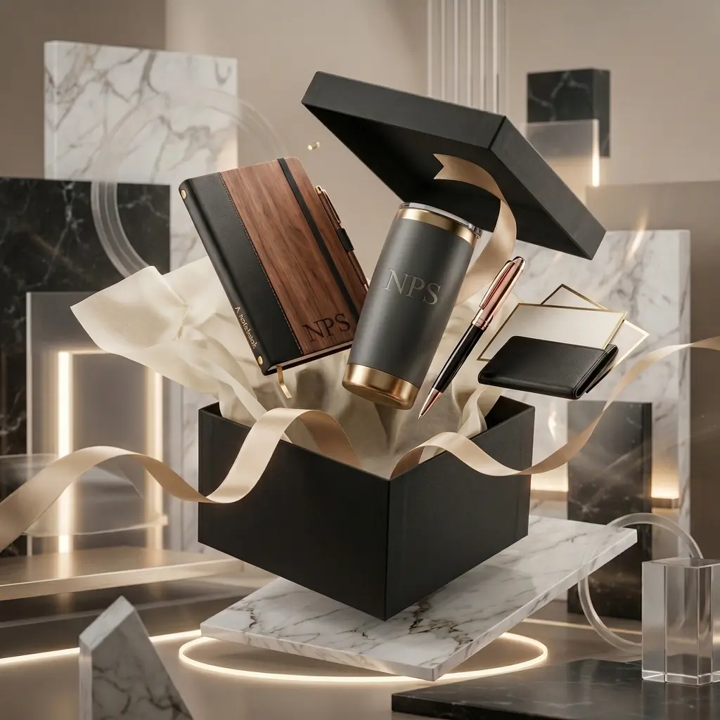 Luxury editorial corporate gift set with premium business accessories floating from an elegant gift box in a high-end commercial composition.