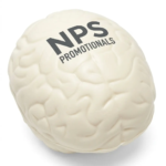 An off-white brain-shaped stress ball featuring a custom printed logo on the top surface