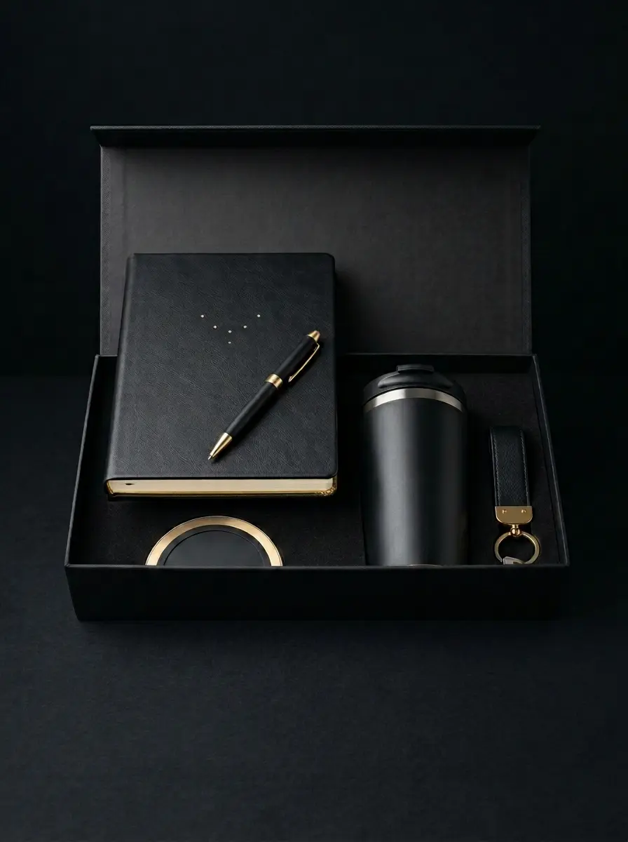 Luxury corporate gift set with branded notebook, tumbler, wireless charger, and executive accessories.