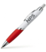 White retractable ballpoint pen with a red comfort grip and chrome trim, displaying a printed logo on the barrel.