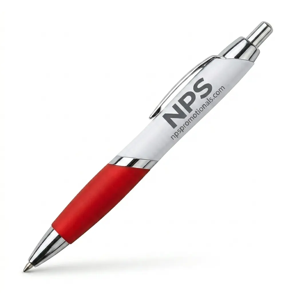 Custom Promotional Ballpoint Pen Red Grip White retractable ballpoint pen with a red comfort grip and chrome trim, displaying a printed logo on the barrel.