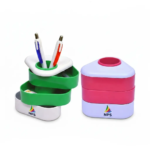 Multi-tier swivel desk organiser with swing-out compartments and a pen holder, featuring a printed corporate logo on the base.
