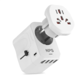 White universal travel adapter with multiple USB ports, international plug sliders, and corporate branding area shown on a white background.