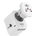 White universal travel adapter with multiple USB ports, international plug sliders, and corporate branding area shown on a white background.