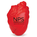 Red anatomical heart shaped stress ball featuring a custom printed black corporate logo, set against a plain white background.