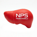 Red liver shaped foam stress toy printed with custom white branding