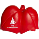 Red lung-shaped foam stress toy printed with a custom white corporate logo