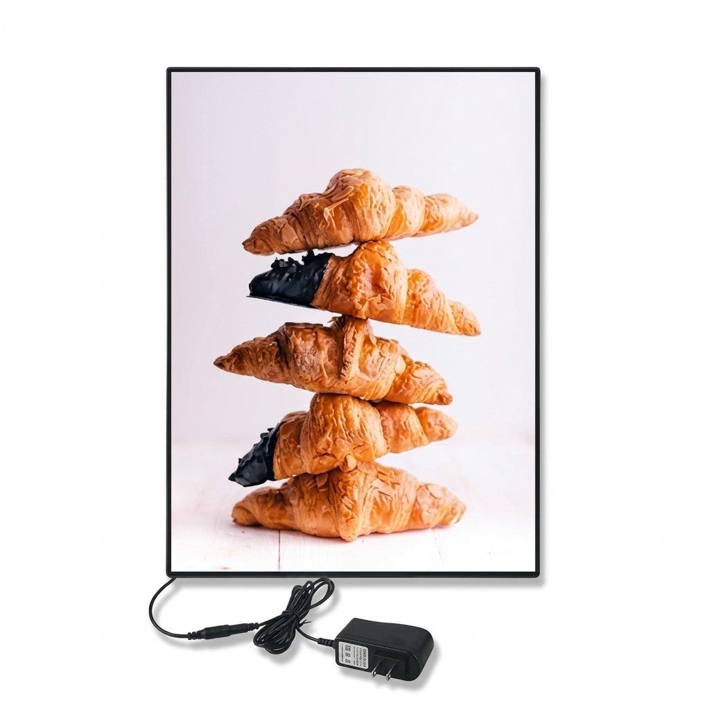 slim-led-light-box-promotional-display Ultra-slim rectangular LED light box with a thin black frame, displaying a backlit poster of stacked croissants, connected to a black power adapter.
